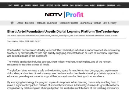 Bharti Airtel Foundation Unveils Digital Learning Platform TheTeacherApp