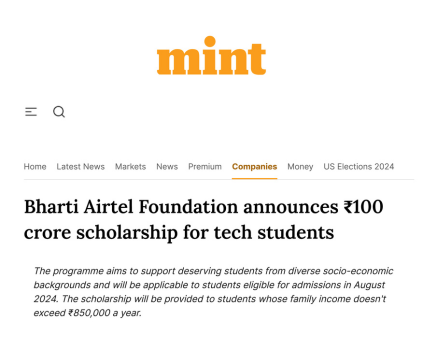 Bharti Airtel Foundation announces ₹100 crore scholarship for tech students