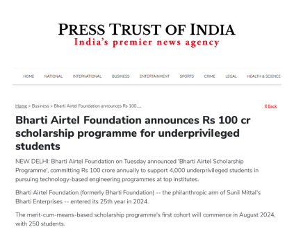 Bharti Airtel Foundation announces Rs 100 cr scholarship programme for underprivileged students