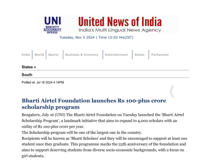 Bharti Airtel Foundation launches Rs 100-plus crore scholarship program